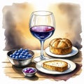 Illustration of two glasses of red wine, bread and blueberries Royalty Free Stock Photo