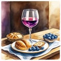 Illustration of two glasses of red wine, bread and blueberries Royalty Free Stock Photo