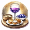 Illustration of two glasses of red wine, bread and blueberries Royalty Free Stock Photo