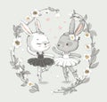 Illustration Of Two Grey And White Dancing Ballerina Bunnye. Little Rabbits Girls Dancing. Wreath With Beautiful Flowers