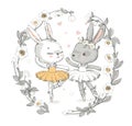 Illustration of two grey and white dancing ballerina bunnyes. Little rabbits girls dancing. Wreath with beautiful