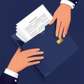 Illustration of two hands exchanging a stack of white documents and a dark blue folder. Royalty Free Stock Photo