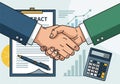 Illustration of two hands in a handshake, symbolizing agreement or partnership. Features a contract Royalty Free Stock Photo