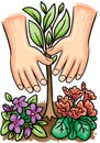 Illustration with two hands planting flowers and a little tree during spring season Royalty Free Stock Photo