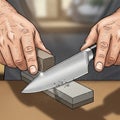 Illustration of two hands sharpening a knife using a whetstone. The left hand grips the Royalty Free Stock Photo