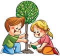 Illustration with two happy children, a girl and a boy, planting a blossomed spring tree