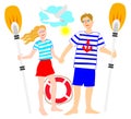 Illustration of two happy sailors. Portrait of a man and a woman with paddles in hands. Poster for sea sport.