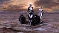 Illustration of two human and alien women walking near motorcycles on a dry world