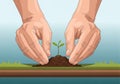 Illustration of two human hands gently cupping a small green seedling sprouting from a mound of Royalty Free Stock Photo