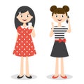 Illustration of two little cute girls with smartphones