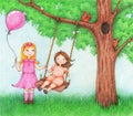 Illustration of two little girls having fun on a swing outdoor