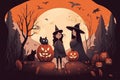 Illustration of two little witches in a dark forest with pumpkins, Halloween Royalty Free Stock Photo