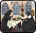 Two medieval nuns working in a castle kitchen