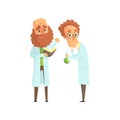 Flat vector illustration of two men scientists in laboratory. Bearded biologist with book, chemist with glass flask with Royalty Free Stock Photo