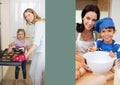 Illustration with two mothers baking with their children, blank stripe in middle