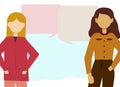 Illustration of two multiethnic womens communicate. Bubbles for text