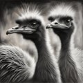 two ostriches staring directly into the camera lens, in this painting by david Royalty Free Stock Photo