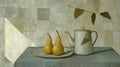 Illustration - two pears and a teapot on the table. Light from the window. Royalty Free Stock Photo