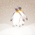 Illustration of two penguins walking in the snow