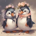An illustration of two penguins wearing wedding outfits. Royalty Free Stock Photo