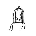 Illustration of two people sitting in a cage. Vector. The prisoners are men in a cage. The slave trade and the illegal labor of