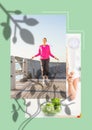 Illustration of two photos of woman with skipping rope and healthy eating on green background