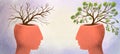 Illustration of two profiles of people with trees growing from their heads. Clueless and smart, knowledgeable and stupid, good and