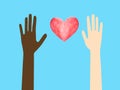 Illustration of two raising hands of African black and Caucasian white skin color united by heart on blue sky background. Equality