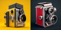 Illustration of two retro cameras on flat background created with AI tools