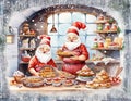 Illustration of two Santa helpers baking