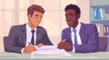 Illustration of two smiling businessmen wearing suits as they sit at a desk, collaboratively working on paperwork in an