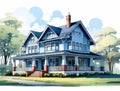 Illustration of a blue two-storey mansion with attic Royalty Free Stock Photo