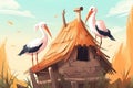 Illustration of two storks sitting on the roof of their house, spring photo. Birds have flown to warm regions Royalty Free Stock Photo