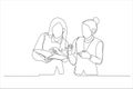 Illustration of two successful businesswomen discussing and looking to documents. One continuous line art style