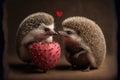 Two adorable hedgehogs with love hearts, romance concept