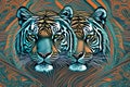 An illustration of two tigers, created using line-art style in a stylized, abstract way. Generative AI