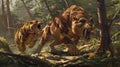 Illustration of Two Tigers in a Forest in the Style of Upper Paleolithic Art Royalty Free Stock Photo