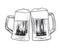 Illustration of two toasting beer mugs. Cheers. Clinking glass tankards full of beer. Vector line art Royalty Free Stock Photo