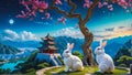 Illustration of two white rabbits sitting under a big peach blossom tree looking at the full moon. Generative Ai. Stock Photo