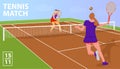 Illustration with two woman tennis players in tennis court. Royalty Free Stock Photo