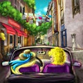 Illustration with two women in Napoli in cabrio car