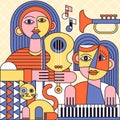 illustration of two women playing guitar, piano and cat eating