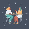 Illustration of two young women having lunch together. Female friendship concept on dark background. Royalty Free Stock Photo