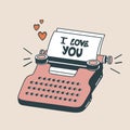 Colorful romantic background with typewriter, heats, sheets of paper and english text. I love you. Decorative cute illustration