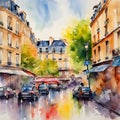 Colorful illustration of a street view of Paris.