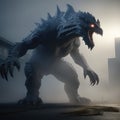 illustration of an ultra realistic Kaiju in dramatic light fog