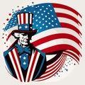 Illustration of Uncle Sam pointing a finger at you set inside circle with stars and stripes American flag viewed from front.