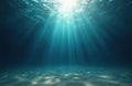 Illustration of underwater environment with sun rays. Deep blue ocean water and sandy seabed appear. Light beams pierce down. Royalty Free Stock Photo
