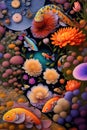 Illustration of Underwater Landscape background of fishes swimming in aquarium with beautiful flowers garden. Generative Ai