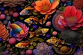 A painting of koi fishes and flowers aquatics on aquarium with black background. Generative Ai